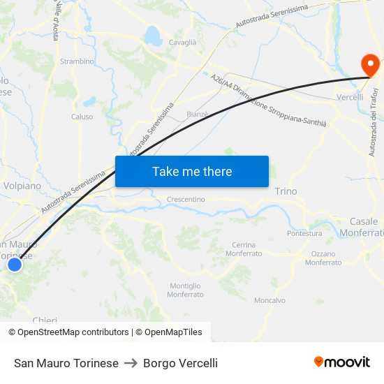 San Mauro Torinese to Borgo Vercelli map