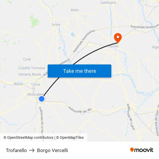 Trofarello to Borgo Vercelli map