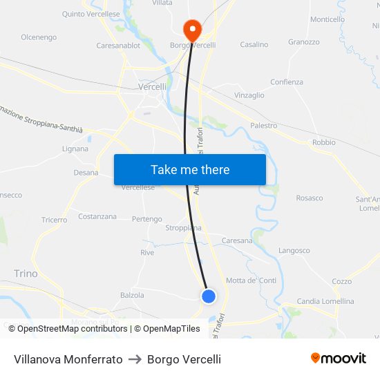 Villanova Monferrato to Borgo Vercelli map