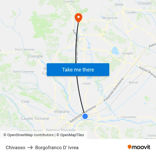 Chivasso to Borgofranco D'Ivrea map