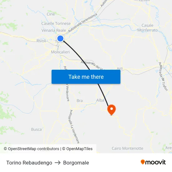 Turin Rebaudengo to Borgomale map