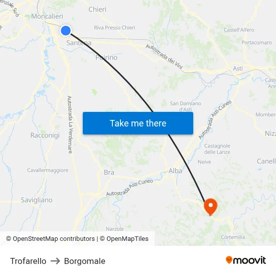 Trofarello to Borgomale map