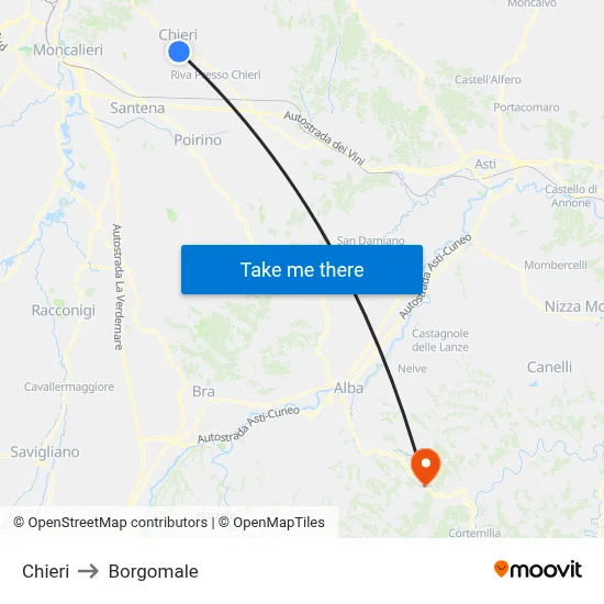 Chieri to Borgomale map