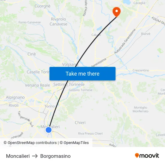 Moncalieri to Borgomasino map
