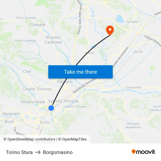 Turin Stura to Borgomasino map