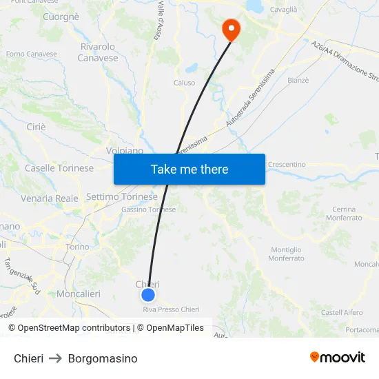 Chieri to Borgomasino map