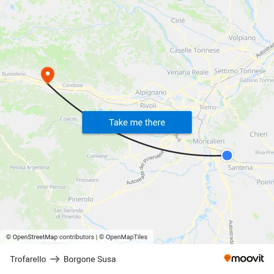 Trofarello to Borgone Susa map