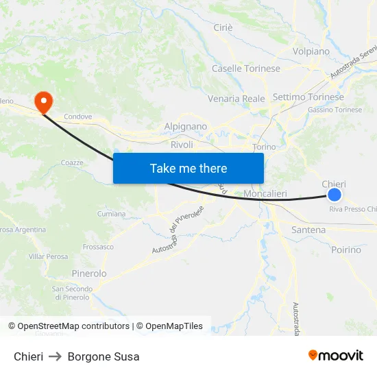 Chieri to Borgone Susa map