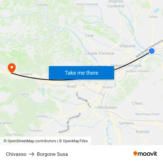 Chivasso to Borgone Susa map