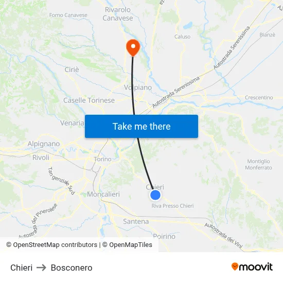 Chieri to Bosconero map
