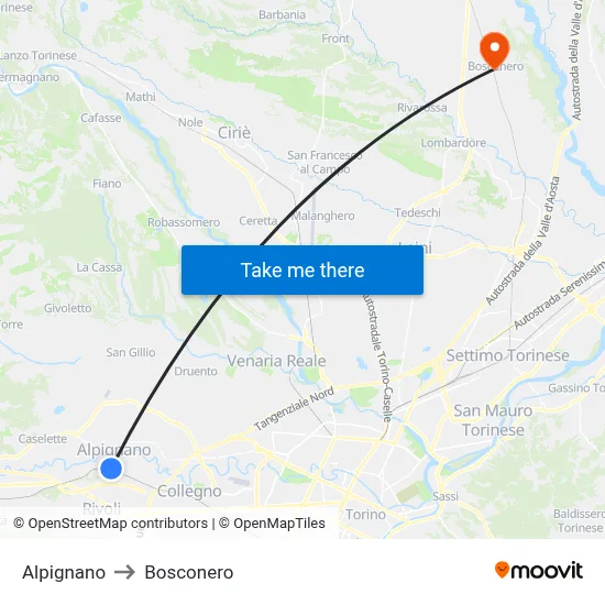 Alpignano to Bosconero map