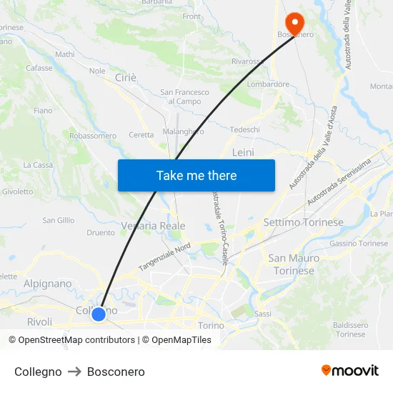 Collegno to Bosconero map