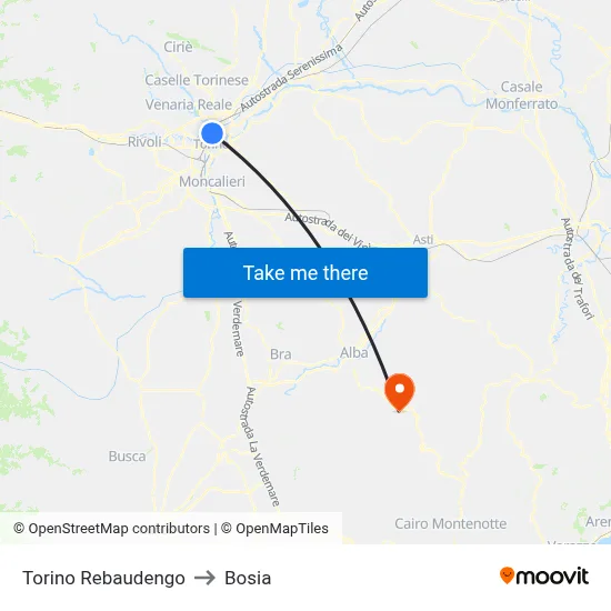 Turin Rebaudengo to Bosia map