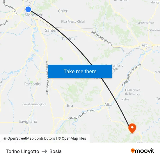 Turin Lingotto to Bosia map