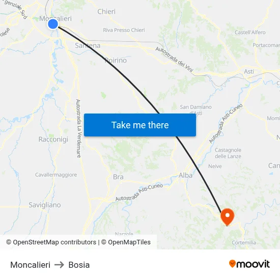 Moncalieri to Bosia map