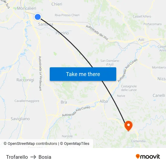Trofarello to Bosia map