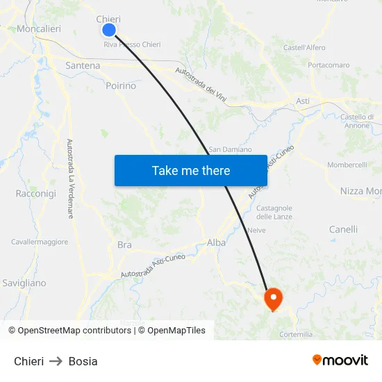 Chieri to Bosia map