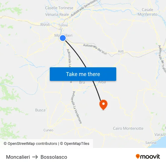 Moncalieri to Bossolasco map