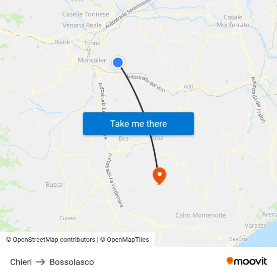 Chieri to Bossolasco map