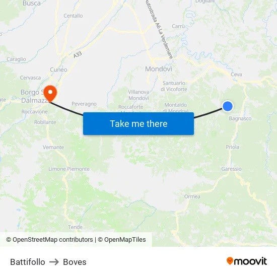 Battifollo to Boves map