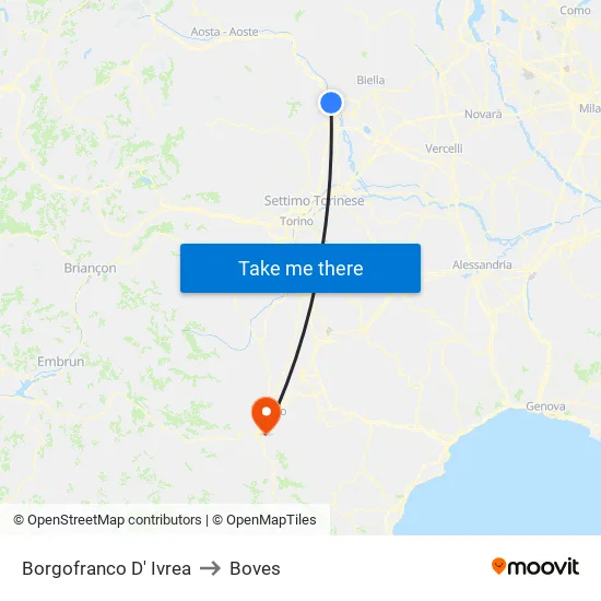 Borgofranco D' Ivrea to Boves map