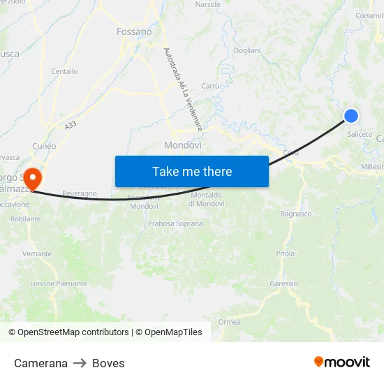 Camerana to Boves map