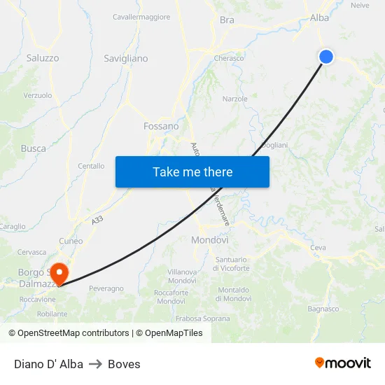 Diano D' Alba to Boves map