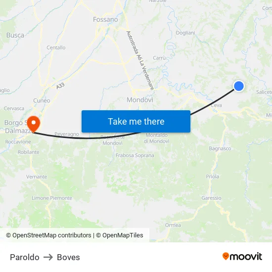 Paroldo to Boves map