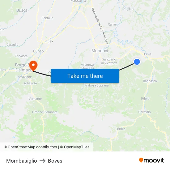 Mombasiglio to Boves map