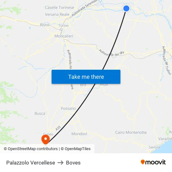 Palazzolo Vercellese to Boves map