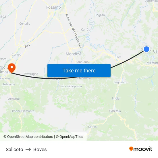 Saliceto to Boves map