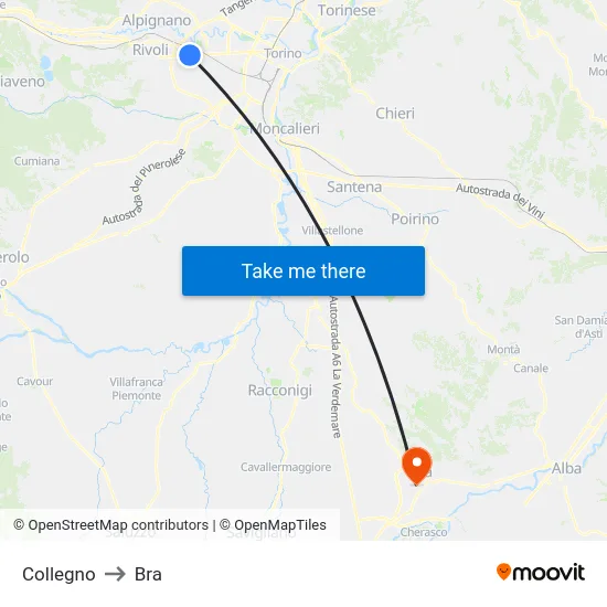 Collegno to Bra map