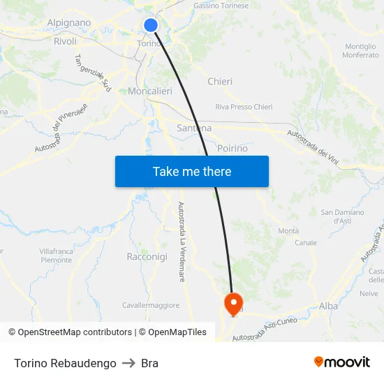 Turin Rebaudengo to Bra map
