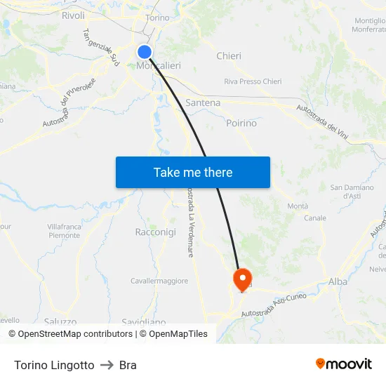 Turin Lingotto to Bra map