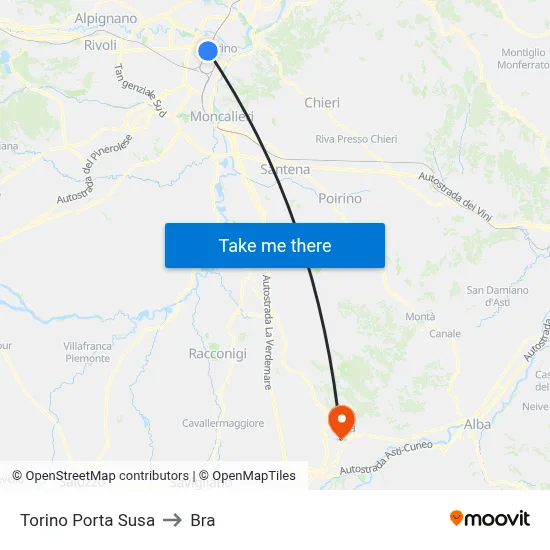 Turin Porta Susa to Bra map