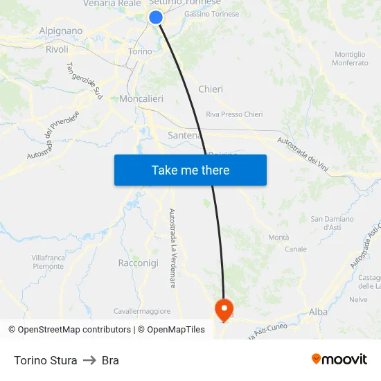 Turin Stura to Bra map