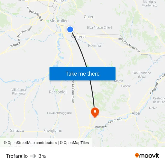 Trofarello to Bra map