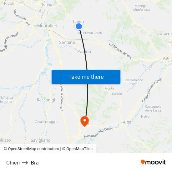 Chieri to Bra map