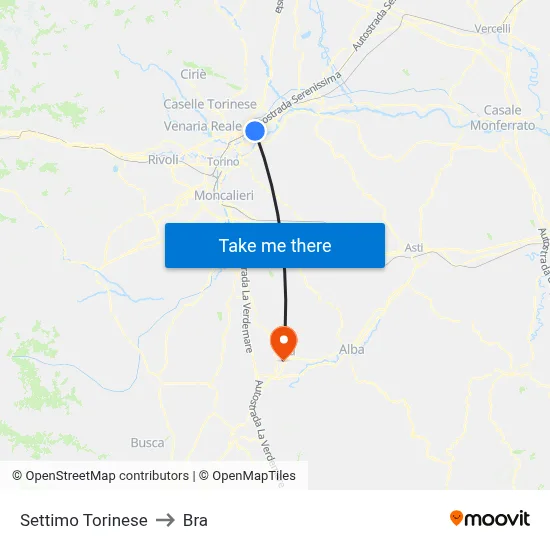 Settimo Torinese to Bra map