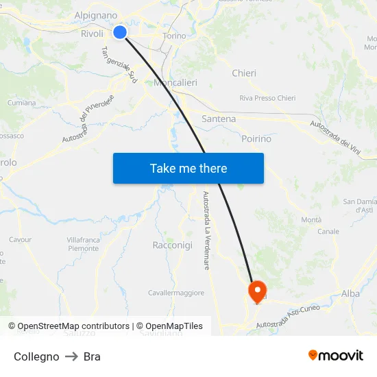 Collegno to Bra map