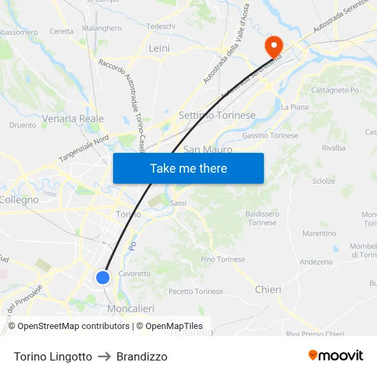 Turin Lingotto to Brandizzo map