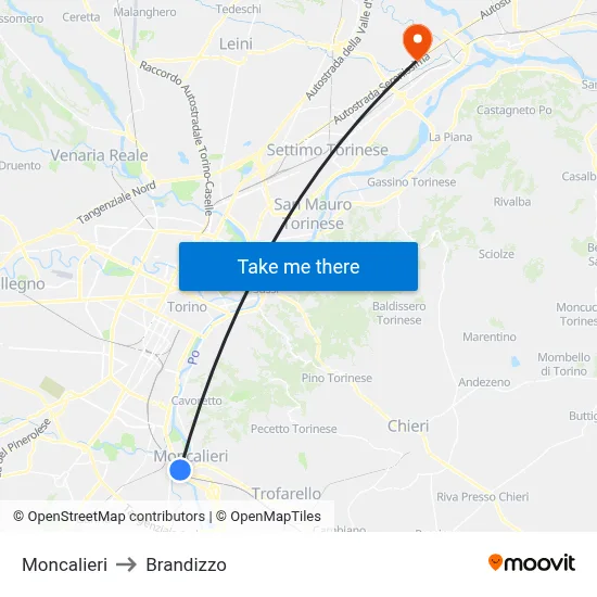 Moncalieri to Brandizzo map