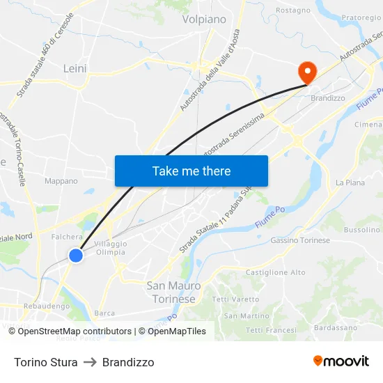 Turin Stura to Brandizzo map