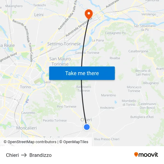 Chieri to Brandizzo map