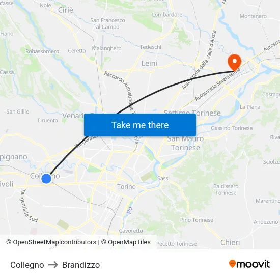 Collegno to Brandizzo map