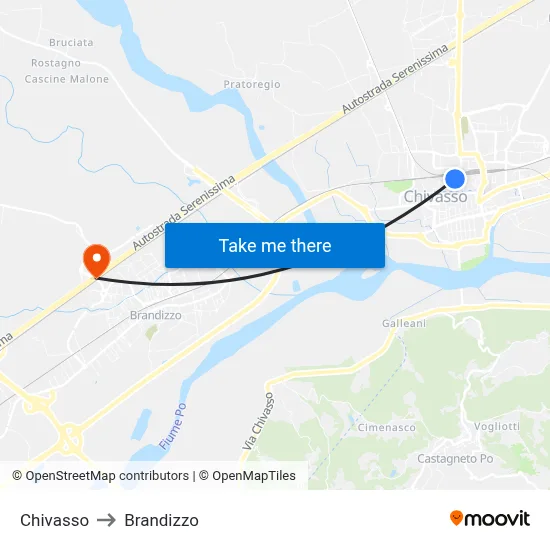 Chivasso to Brandizzo map