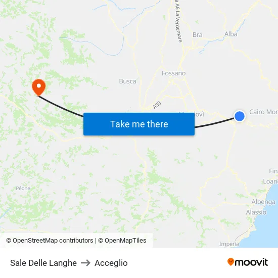 Sale Delle Langhe to Acceglio map