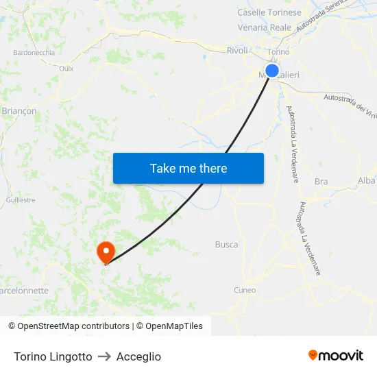 Turin Lingotto to Acceglio map