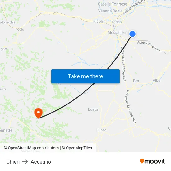 Chieri to Acceglio map