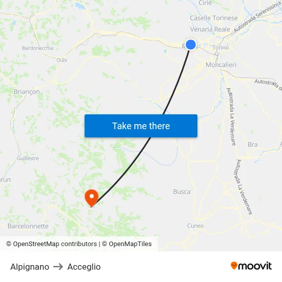 Alpignano to Acceglio map